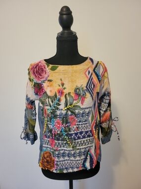 John Mark Geometric Floral Border Print Tunic - Mixed Media Boho Top Size M